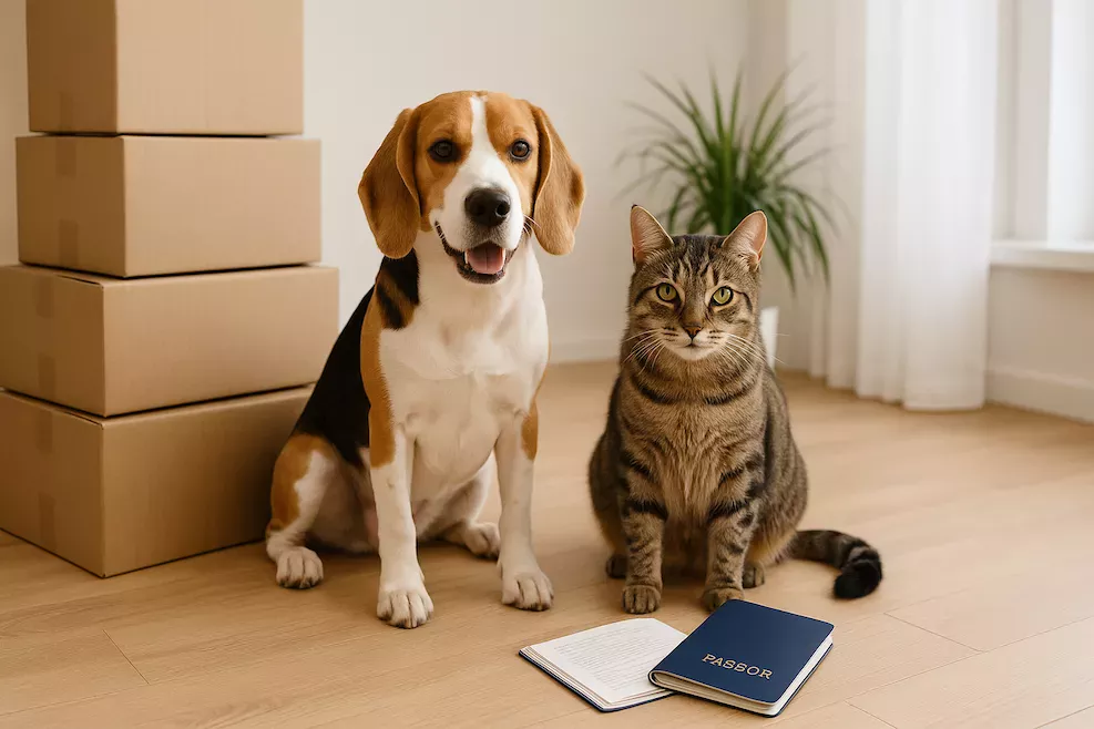 “Hund och katt sitter bredvid flyttlådor och ett pass – symboliserar flytt utomlands med husdjur, planering av resa, dokumentation och trygg transport till nytt land”